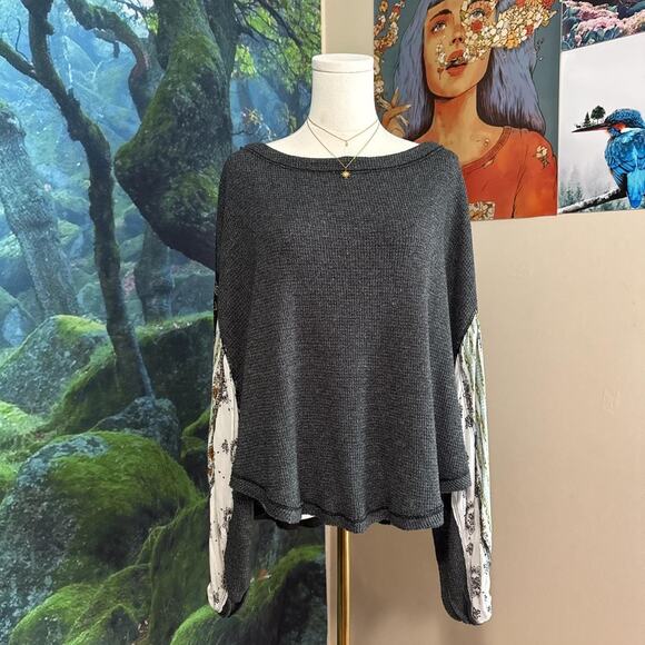 we the free mixed print thermal top -- boho balloon sleeve free people - Picture 2 of 7